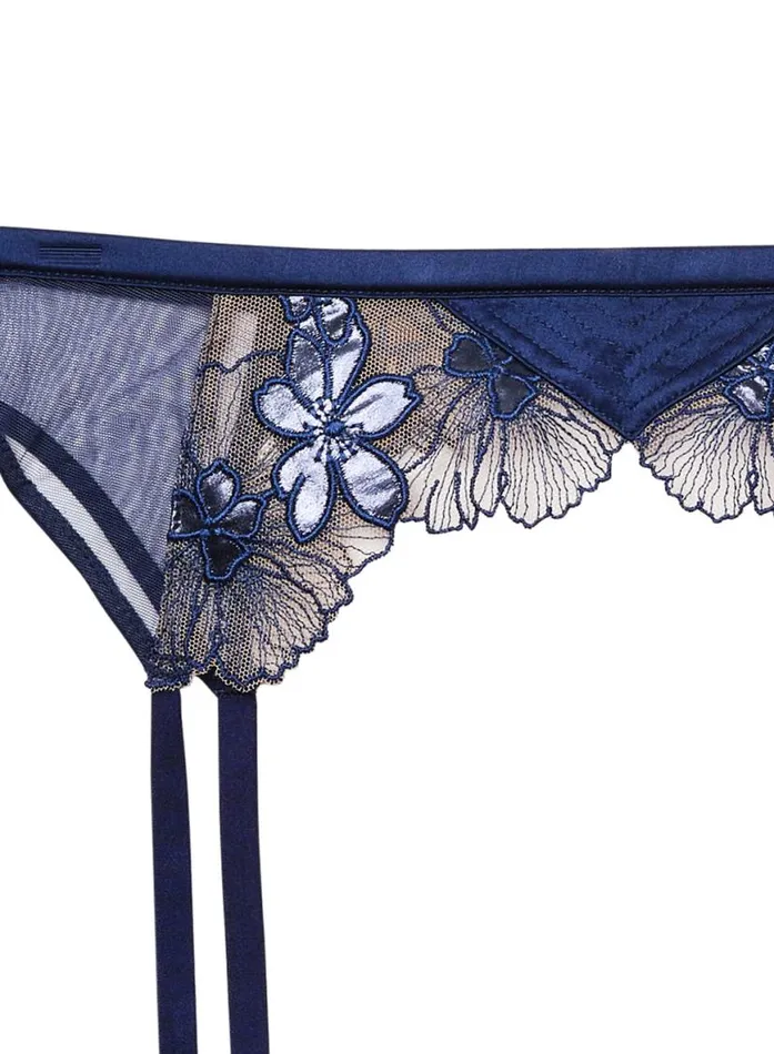 Garters and Belts Lingerie Fleur Du Mal Violet Embroidered Garter Belt Nighttime Blue