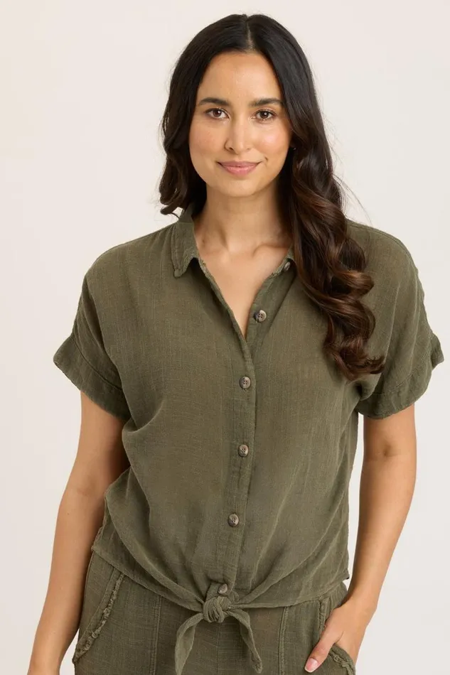 Gauze Teagan Tie Top Kombu Pigment Clothing XCVI ShirtsBlouses