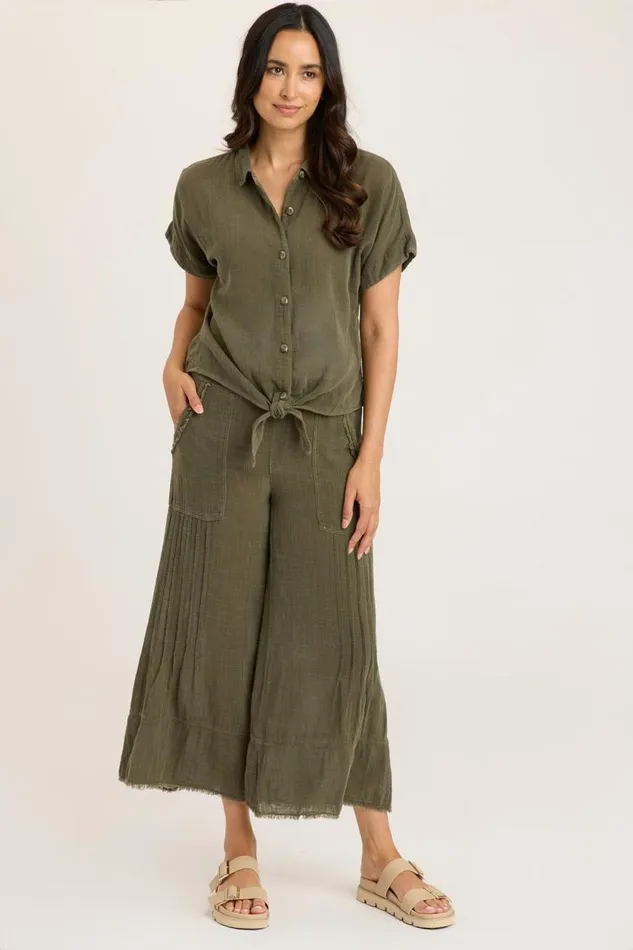 Gauze Teagan Tie Top Kombu Pigment Clothing XCVI ShirtsBlouses