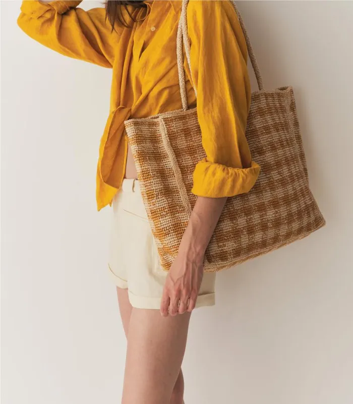 GRANDE MATHILDE BAG Mustard Gingham Raffia Shop DEN Bags