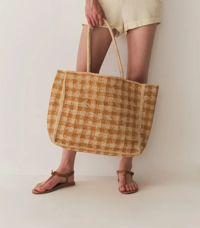 GRANDE MATHILDE BAG Mustard Gingham Raffia Shop DEN Bags