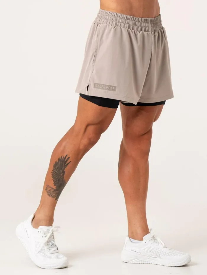 Gym Shorts Mens Ryderwear Pursuit 2 In 1 Training Shorts Taupe