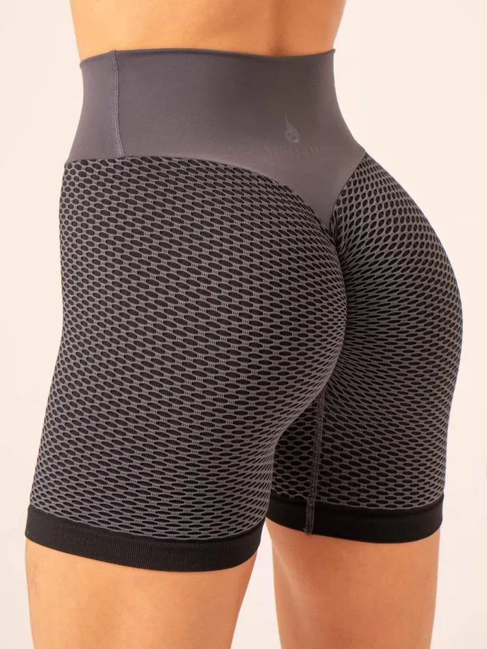 Gym Shorts Womens Ryderwear Honeycomb Scrunch Seamless Shorts Charcoal