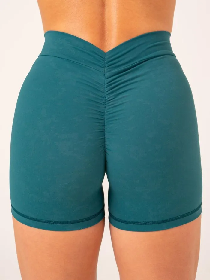 Gym Shorts Womens Ryderwear NKD Stonewash V Scrunch Shorts Emerald Stonewash