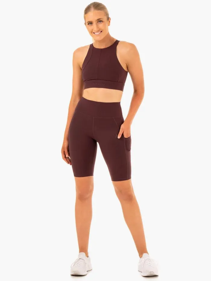 Gym Shorts Womens Ryderwear Reset High Waisted Pocket Bike Shorts Chocolate