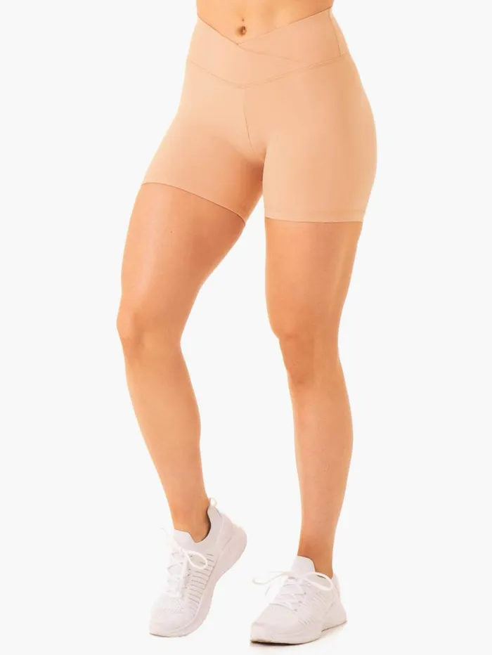 Gym Shorts Womens Ryderwear Serene Cross Over Scrunch Shorts Tan