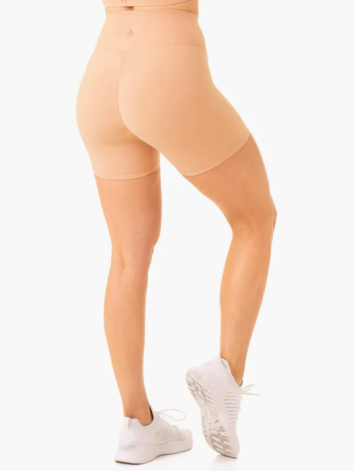 Gym Shorts Womens Ryderwear Serene Cross Over Scrunch Shorts Tan
