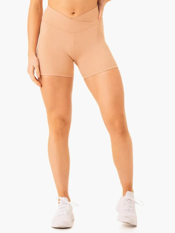 Gym Shorts Womens Ryderwear Serene Cross Over Scrunch Shorts Tan
