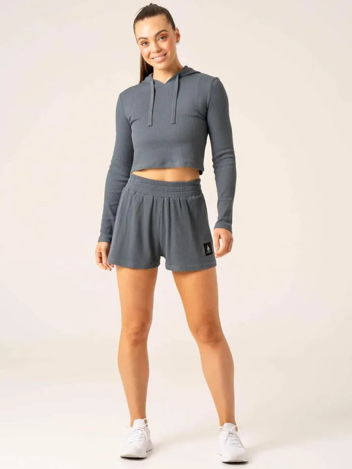 Gym Shorts Womens Ryderwear Waffle Lounge Shorts Steel Blue