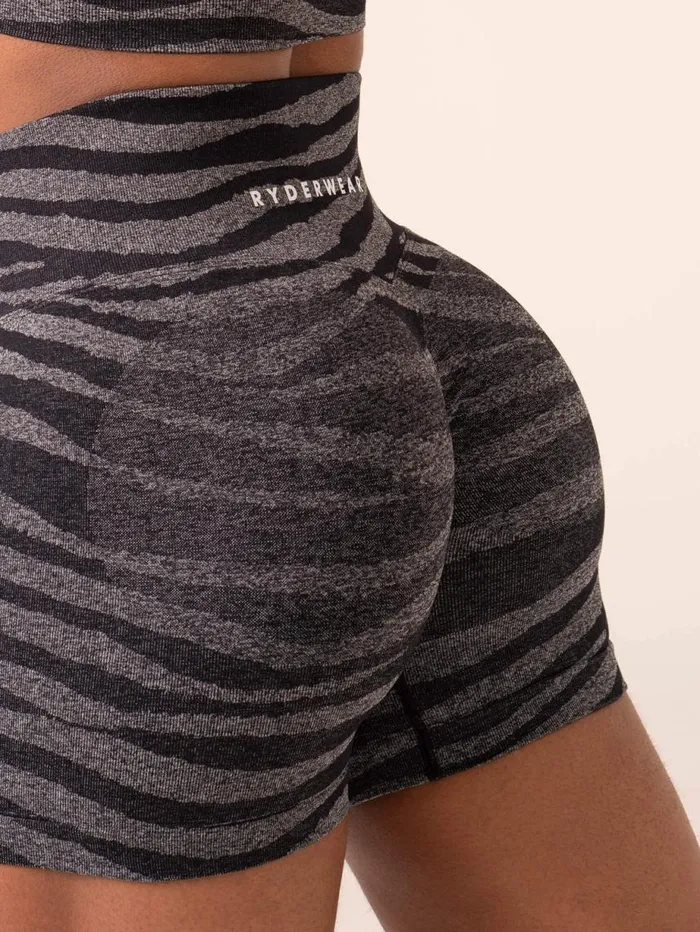 Gym Shorts Womens Ryderwear Zebra Seamless Shorts Grey Marl Black Zebra