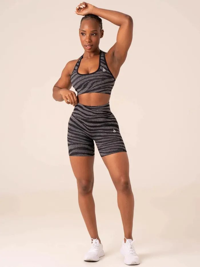Gym Shorts Womens Ryderwear Zebra Seamless Shorts Grey Marl Black Zebra