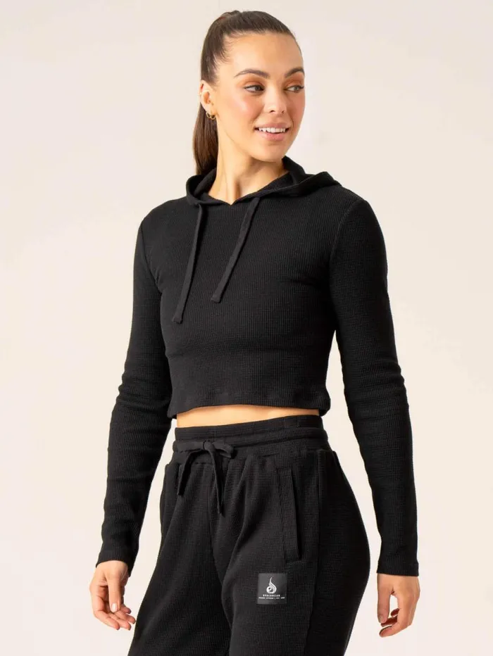 Jackets and Jumpers Womens Ryderwear Waffle Lounge Hoodie Black