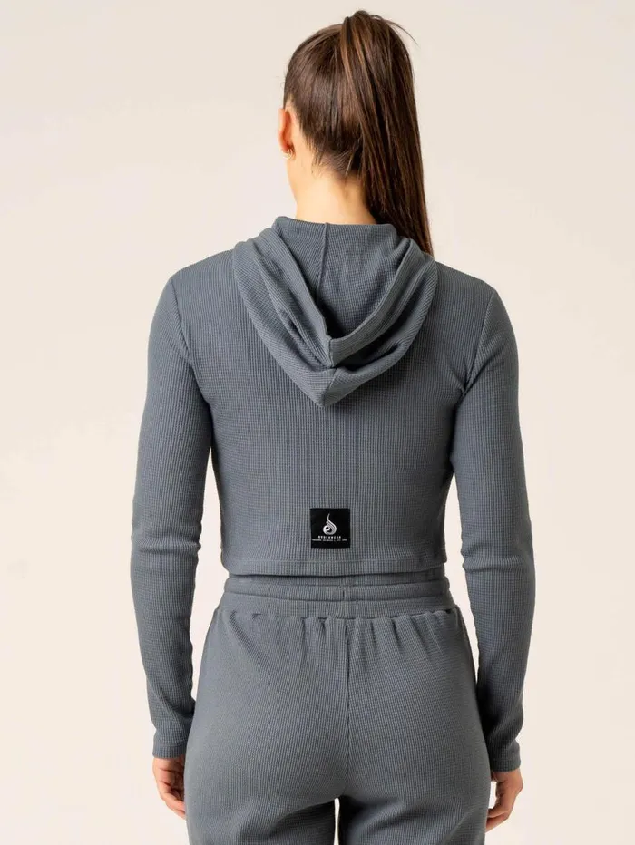 Jackets and Jumpers Womens Ryderwear Waffle Lounge Hoodie Steel Blue
