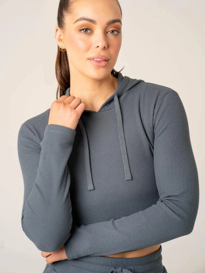 Jackets and Jumpers Womens Ryderwear Waffle Lounge Hoodie Steel Blue