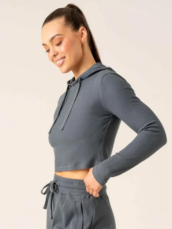 Jackets and Jumpers Womens Ryderwear Waffle Lounge Hoodie Steel Blue