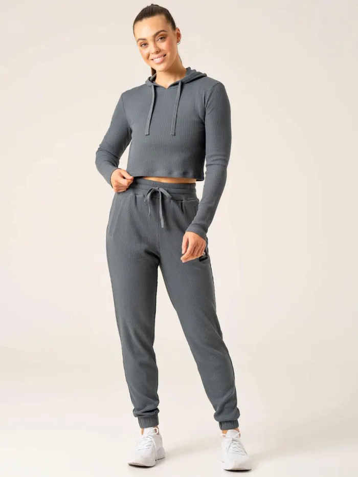 Jackets and Jumpers Womens Ryderwear Waffle Lounge Hoodie Steel Blue