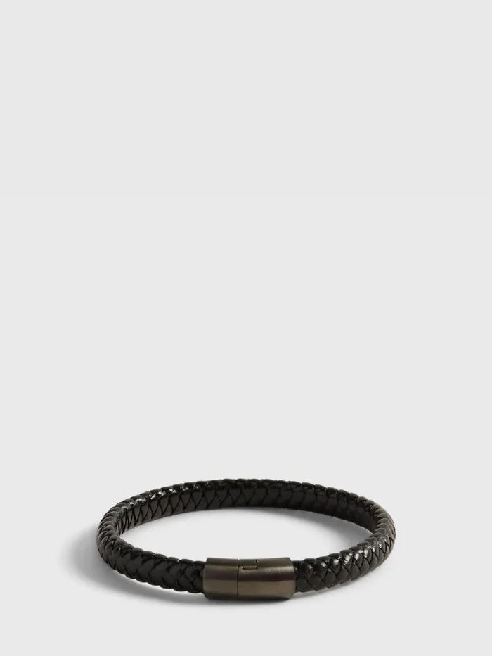 Jewelry Mens Paul Stuart Woven Leather Bracelet With Sterling Silver Black