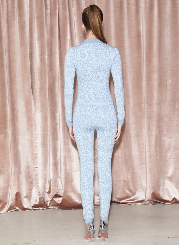 Jumpsuits and Rompers Clothing Fleur Du Mal Knit AprsSki Catsuit Light Blue Butterfly Jacquard