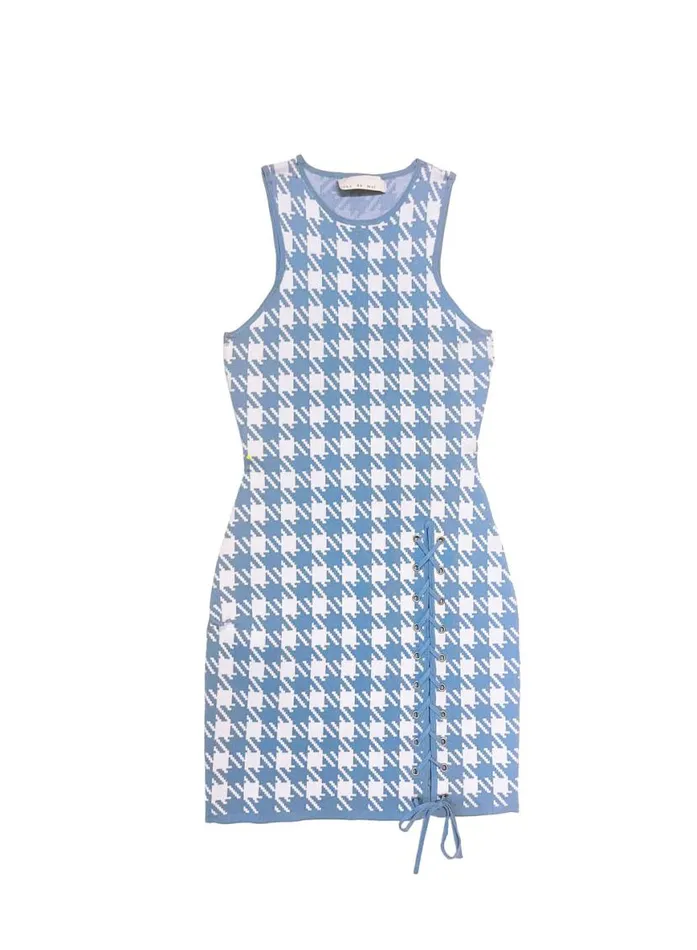 Knitwear Clothing Fleur Du Mal Houndstooth Knit Mini Dress Baby Blue Ivory