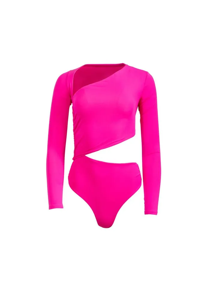 Long Sleeve Clothing Fleur Du Mal Asymmetric Wrap Bodysuit Pink Flambe