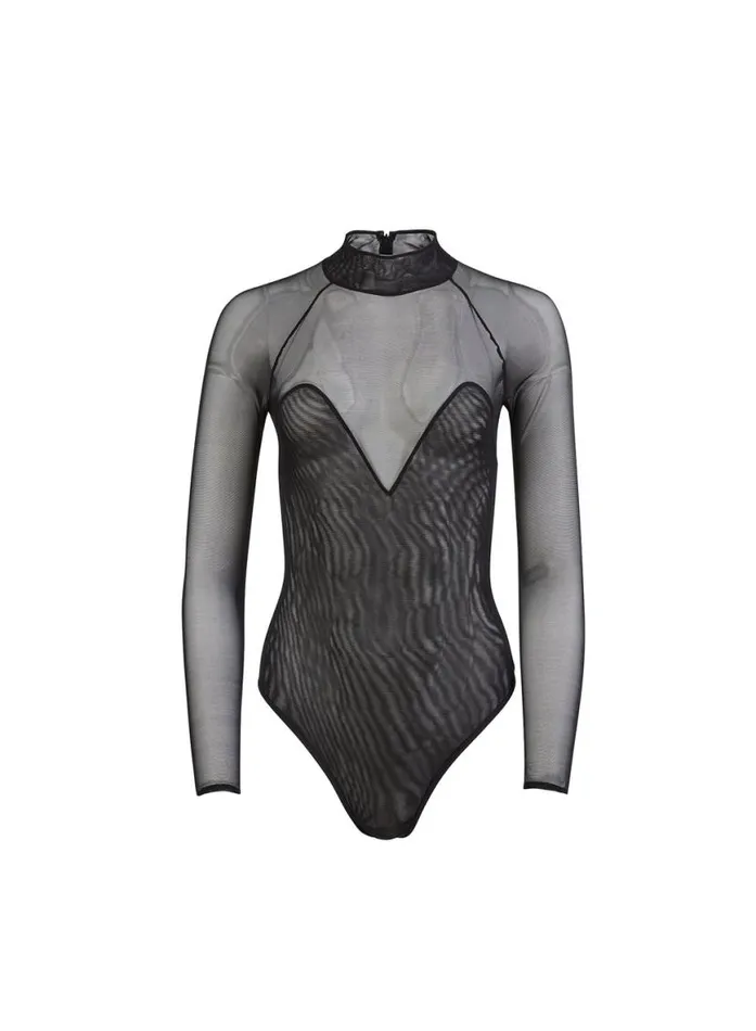 Long Sleeve Clothing Fleur Du Mal Mesh Long Sleeve Bodysuit Recycled Mesh Bodysuit Black