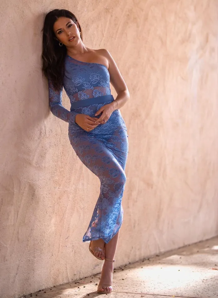 Long Sleeve Clothing Fleur Du Mal Rosalia Lace One Shoulder Bodysuit Denim Blue