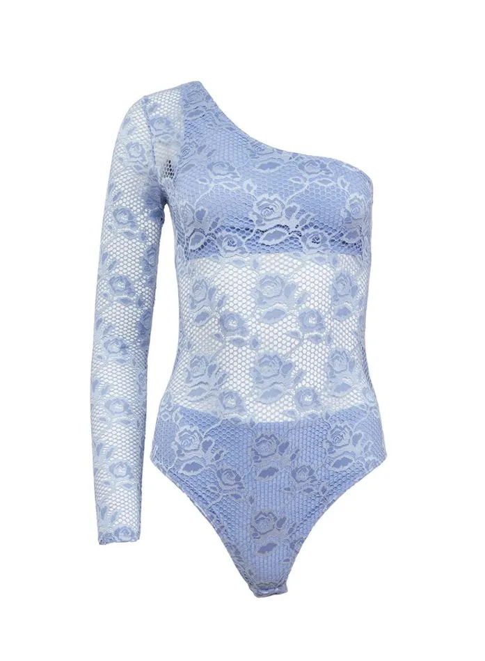 Long Sleeve Clothing Fleur Du Mal Rosalia Lace One Shoulder Bodysuit Denim Blue