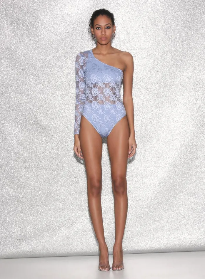 Long Sleeve Clothing Fleur Du Mal Rosalia Lace One Shoulder Bodysuit Denim Blue