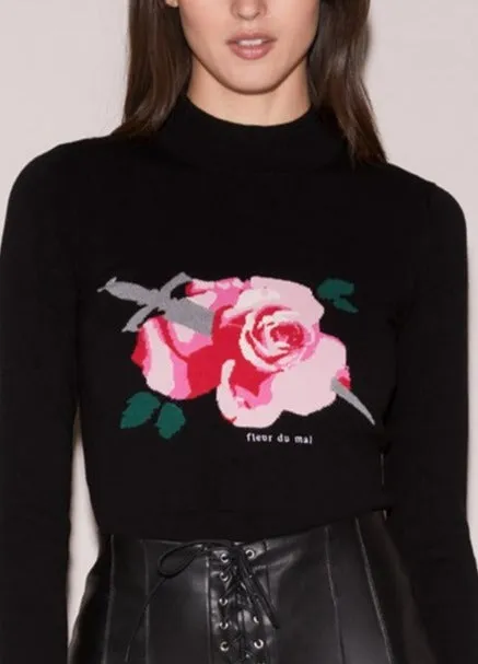 Long Sleeve Clothing Fleur Du Mal Rose and Dagger Cropped Sweater Black Rose Print