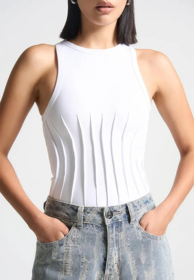 Manire De Voir Bodysuits Manire De Voir Woman Contour Pleated Racer Bodysuit 8211 White Manire De Voir Bodysuits Manire De Voir Woman Contour Pleated Racer Bodysuit 8211 White