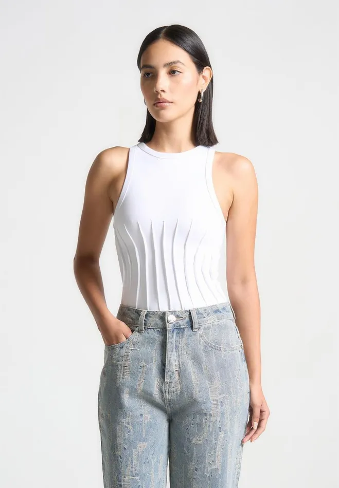 Manire De Voir Bodysuits Manire De Voir Woman Contour Pleated Racer Bodysuit 8211 White