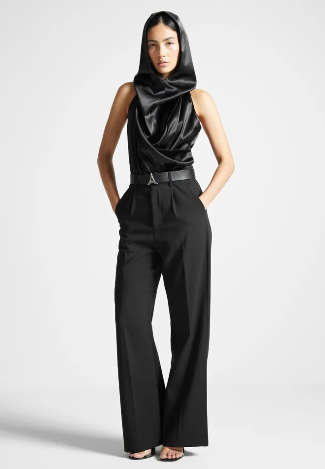 Manire De Voir Bodysuits Manire De Voir Woman Hooded Cowl Neck Satin Wrap Bodysuit 8211 Black Manire De Voir Bodysuits Manire De Voir Woman Hooded Cowl Neck Satin Wrap Bodysuit 8211 Black