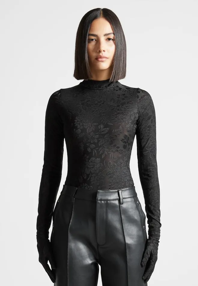 Manire De Voir Bodysuits Manire De Voir Woman Jacquard Bodysuit With Gloves 8211 Black