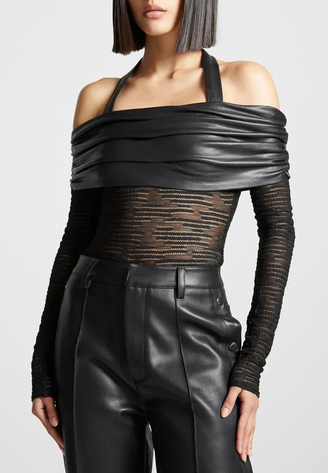 Manire De Voir Bodysuits Manire De Voir Woman Mesh And Vegan Leather Bardot Bodysuit 8211 Black Manire De Voir Bodysuits Manire De Voir Woman Mesh And Vegan Leather Bardot Bodysuit 8211 Black