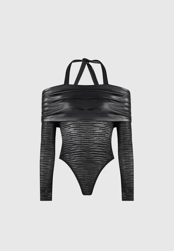 Manire De Voir Bodysuits Manire De Voir Woman Mesh And Vegan Leather Bardot Bodysuit 8211 Black