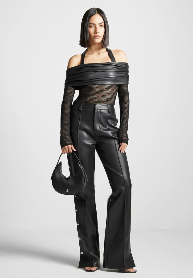 Manire De Voir Bodysuits Manire De Voir Woman Mesh And Vegan Leather Bardot Bodysuit 8211 Black
