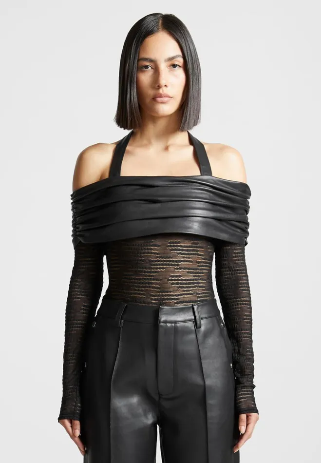 Manire De Voir Bodysuits Manire De Voir Woman Mesh And Vegan Leather Bardot Bodysuit 8211 Black