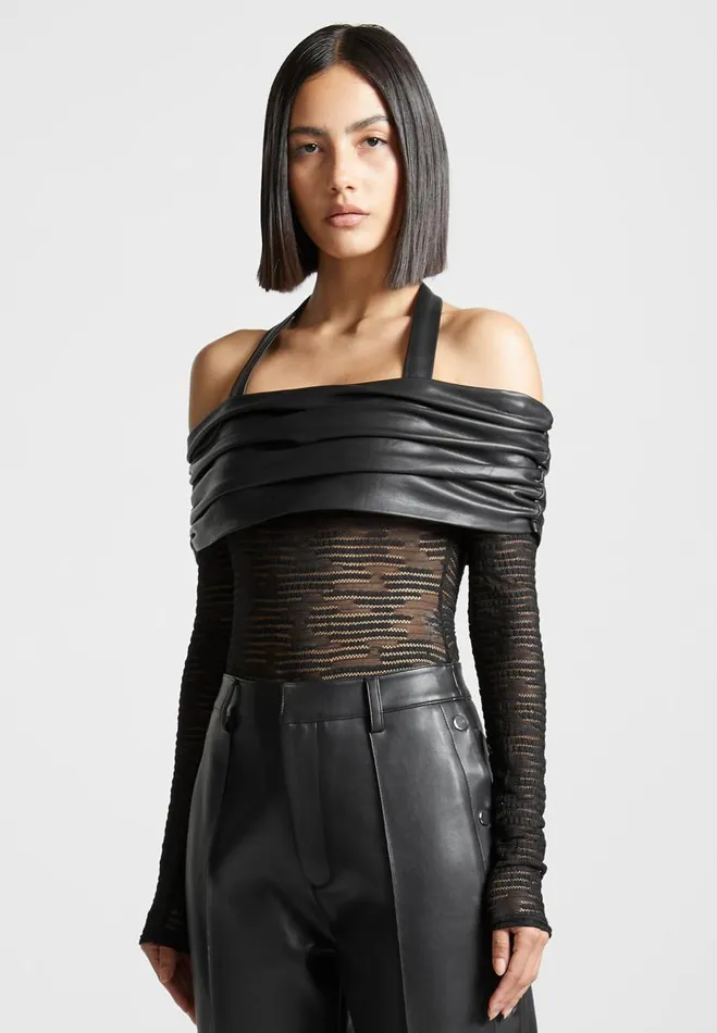 Manire De Voir Bodysuits Manire De Voir Woman Mesh And Vegan Leather Bardot Bodysuit 8211 Black