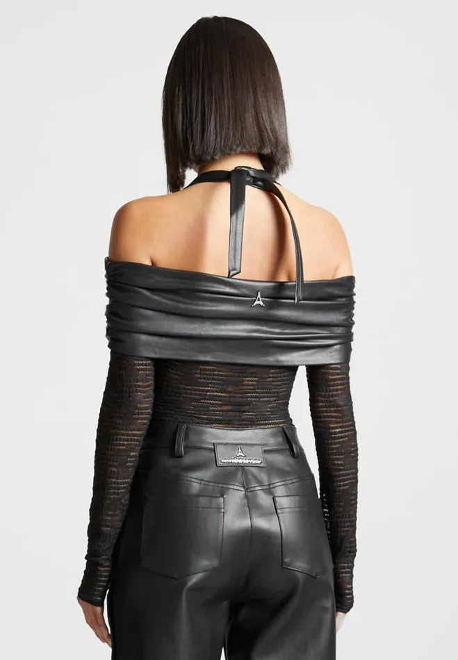 Manire De Voir Bodysuits Manire De Voir Woman Mesh And Vegan Leather Bardot Bodysuit 8211 Black