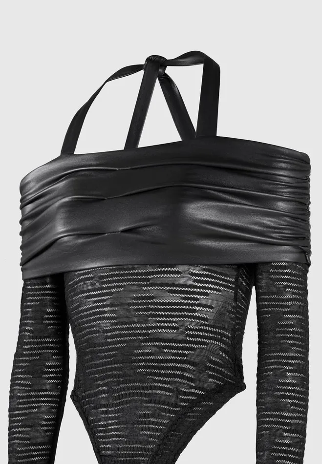 Manire De Voir Bodysuits Manire De Voir Woman Mesh And Vegan Leather Bardot Bodysuit 8211 Black
