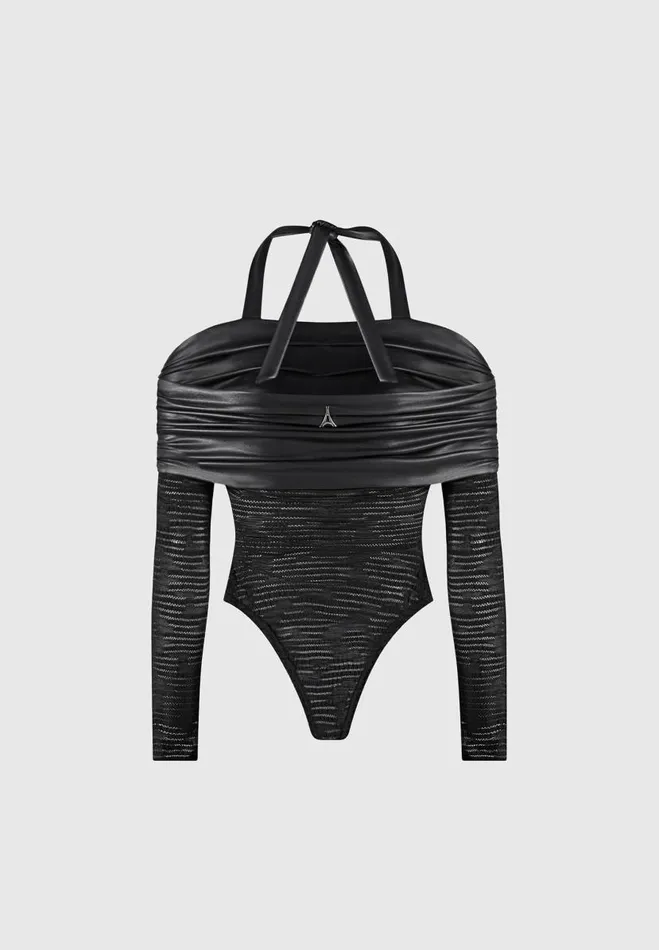 Manire De Voir Bodysuits Manire De Voir Woman Mesh And Vegan Leather Bardot Bodysuit 8211 Black