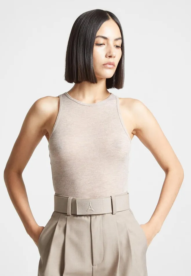 Manire De Voir Bodysuits Manire De Voir Woman ternelle Sheer Racer Neck Bodysuit 8211 Beige