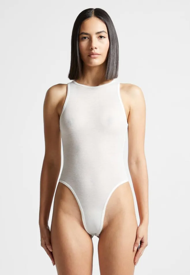 Manire De Voir Bodysuits Manire De Voir Woman ternelle Sheer Racer Neck Bodysuit 8211 White Manire De Voir Bodysuits Manire De Voir Woman ternelle Sheer Racer Neck Bodysuit 8211 White