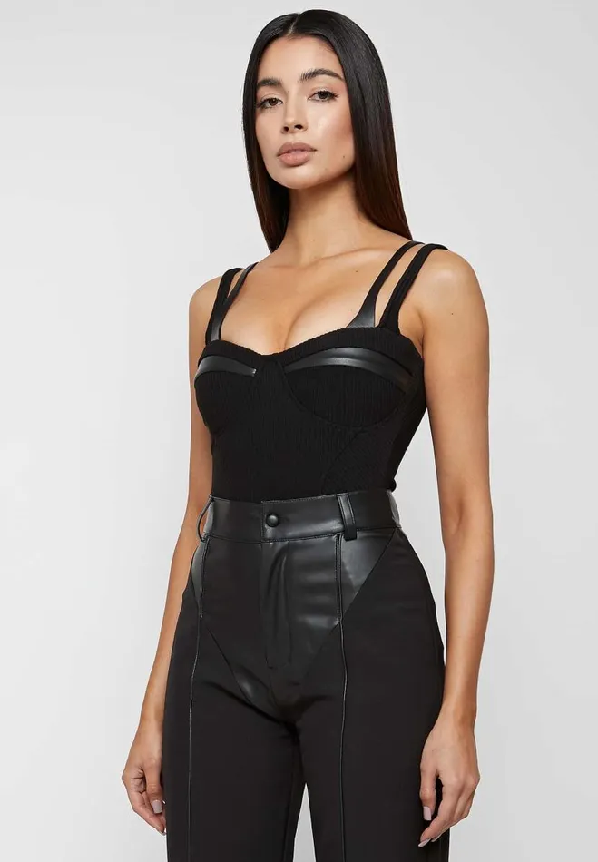 Manire De Voir Bodysuits Manire De Voir Woman Twin Strap Ribbed Bodysuit 8211 Black