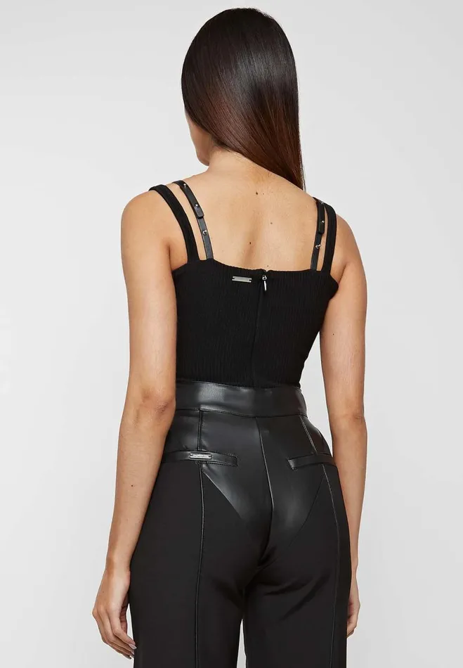 Manire De Voir Bodysuits Manire De Voir Woman Twin Strap Ribbed Bodysuit 8211 Black