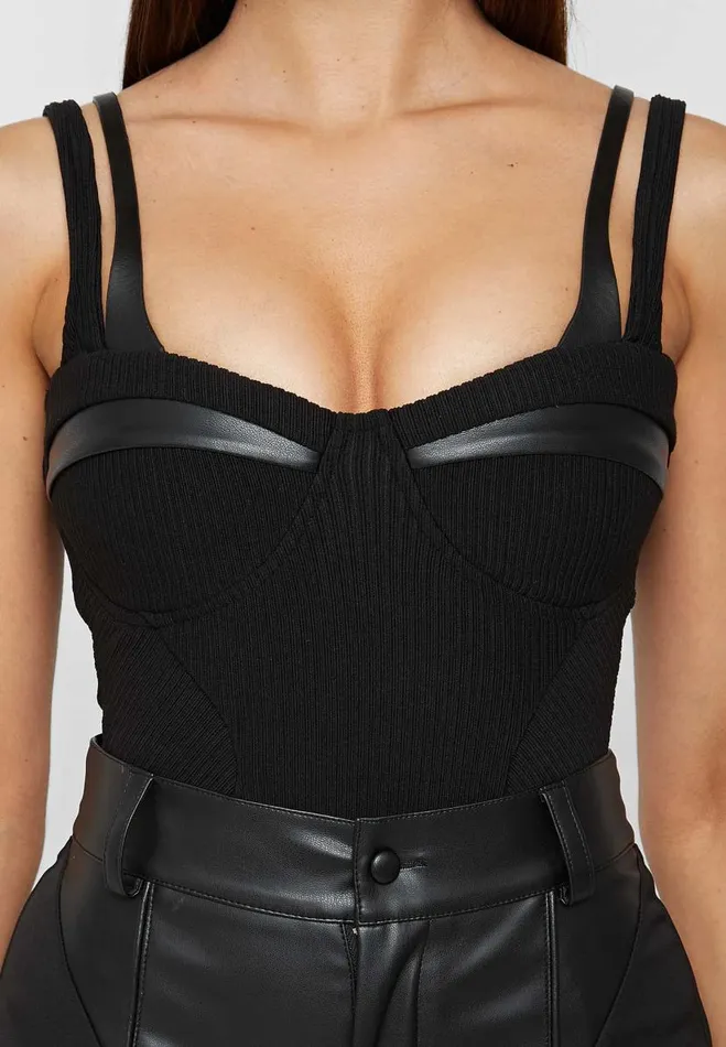 Manire De Voir Bodysuits Manire De Voir Woman Twin Strap Ribbed Bodysuit 8211 Black