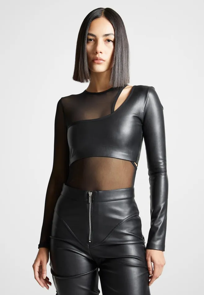 Manire De Voir Bodysuits Manire De Voir Woman Vegan Leather Overlay Mesh Bodysuit 8211 Black