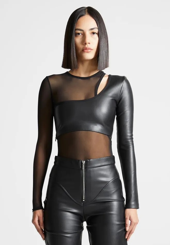 Manire De Voir Bodysuits Manire De Voir Woman Vegan Leather Overlay Mesh Bodysuit 8211 Black