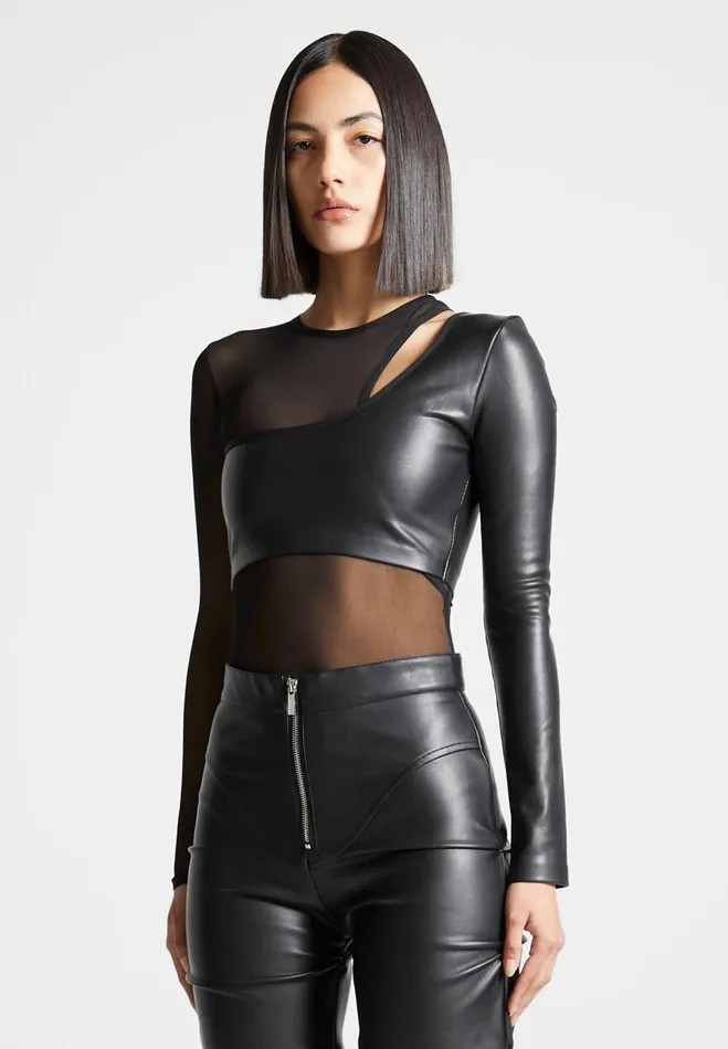 Manire De Voir Bodysuits Manire De Voir Woman Vegan Leather Overlay Mesh Bodysuit 8211 Black