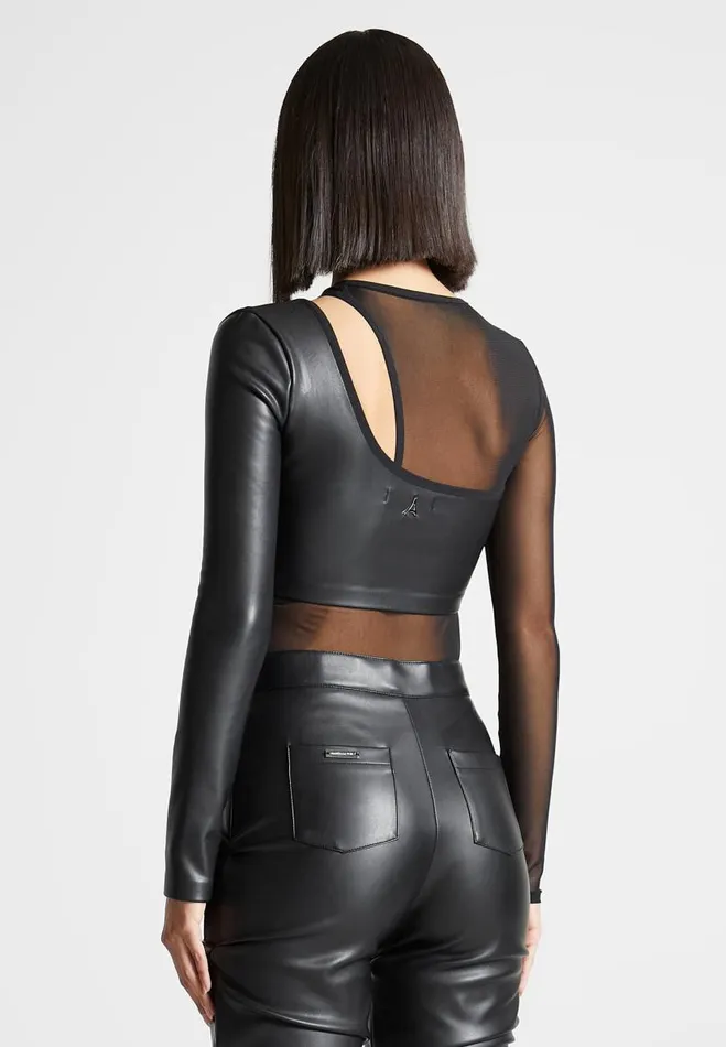 Manire De Voir Bodysuits Manire De Voir Woman Vegan Leather Overlay Mesh Bodysuit 8211 Black